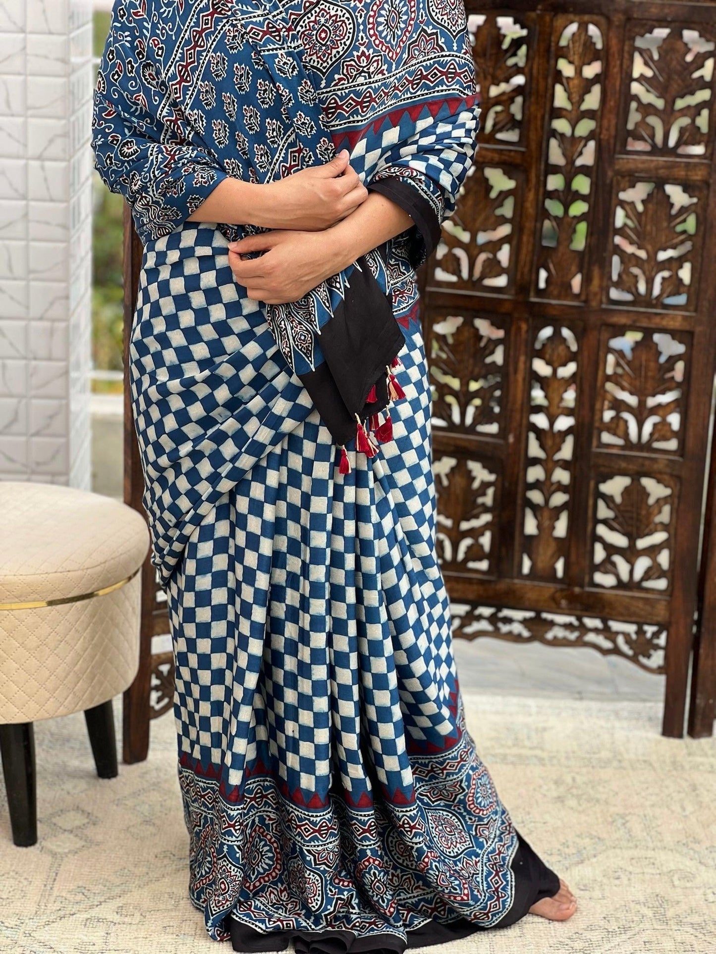 NEELIMA : AJRAKH HANDBLOCK MODAL SILK SAREE - Vasaka Jaipur