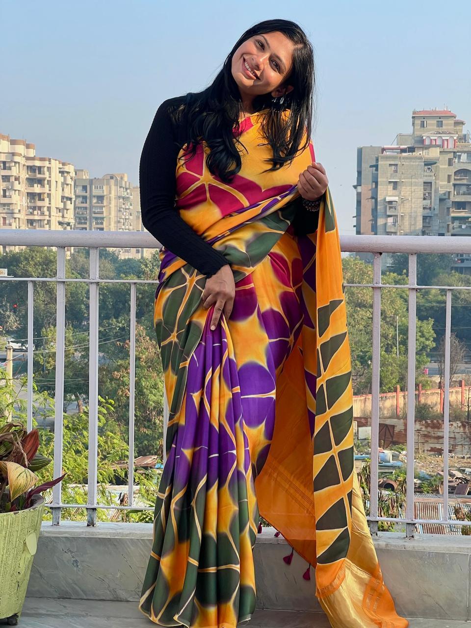 Orange - Clamp Dyed Modal Silk Saree - Vasaka Jaipur
