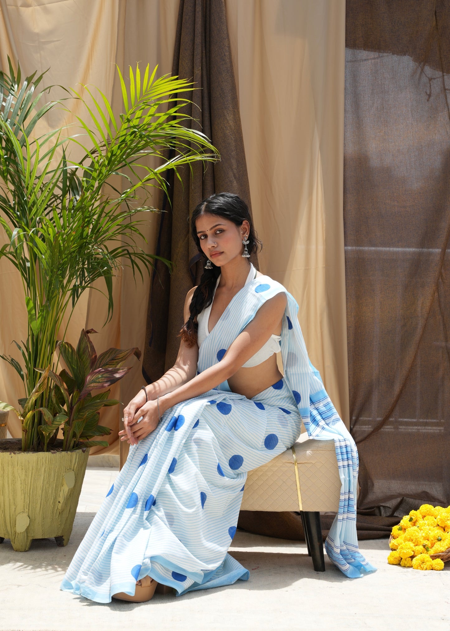 NIRALI_Heritage Hand Block Printed Pure Cotton Striped Saree