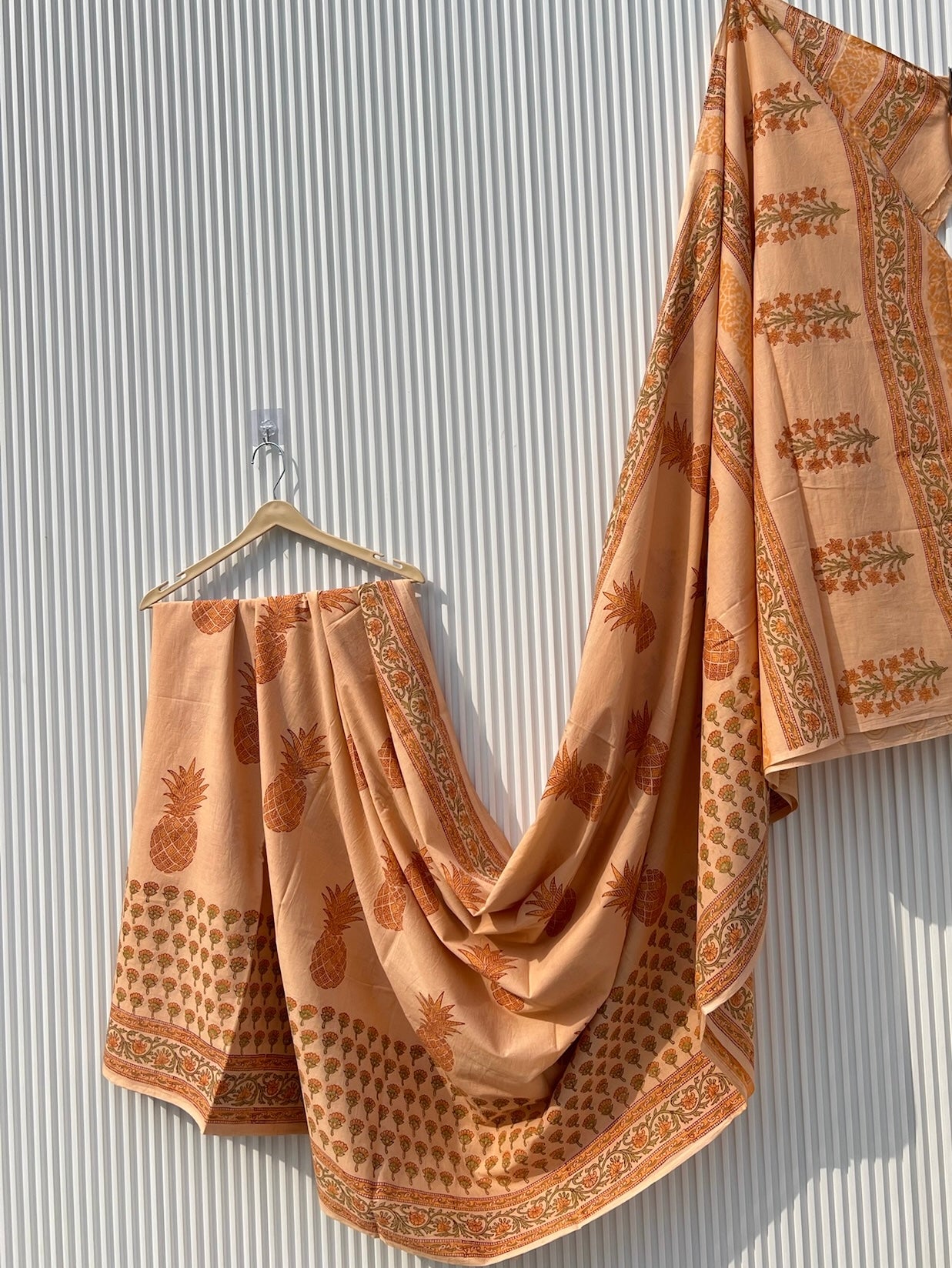Peach Pineapple Hand Block Printed Cotton Saree
