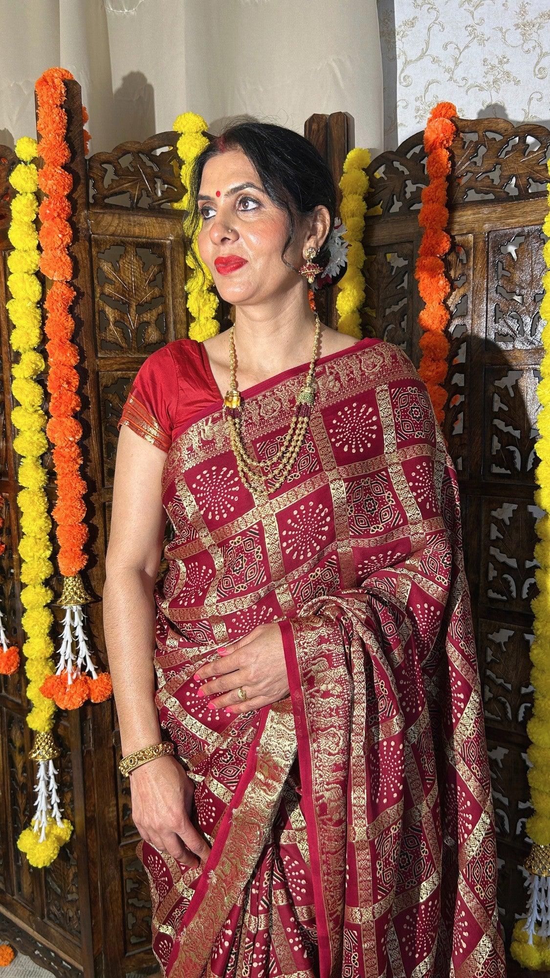 SWARNIMA - Ajrakh Gharchola Red Modal Silk Saree - Vasaka Jaipur