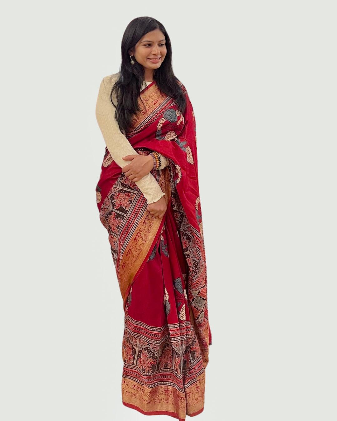 Red - Designer Ajrakh Handblock Premium Dola Silk Saree - Vasaka Jaipur