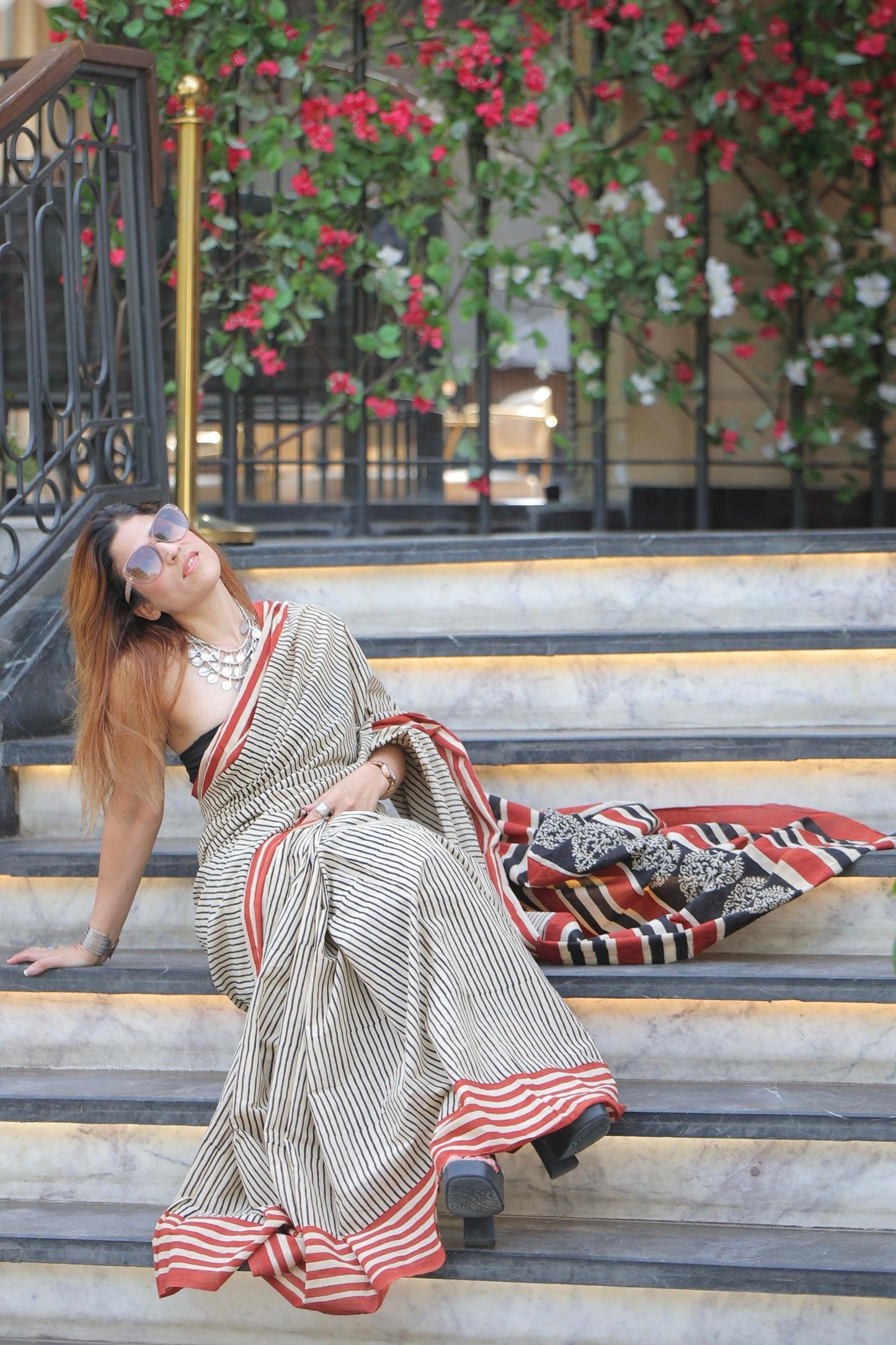 Beige - Striped Hand Block Print Cotton Saree