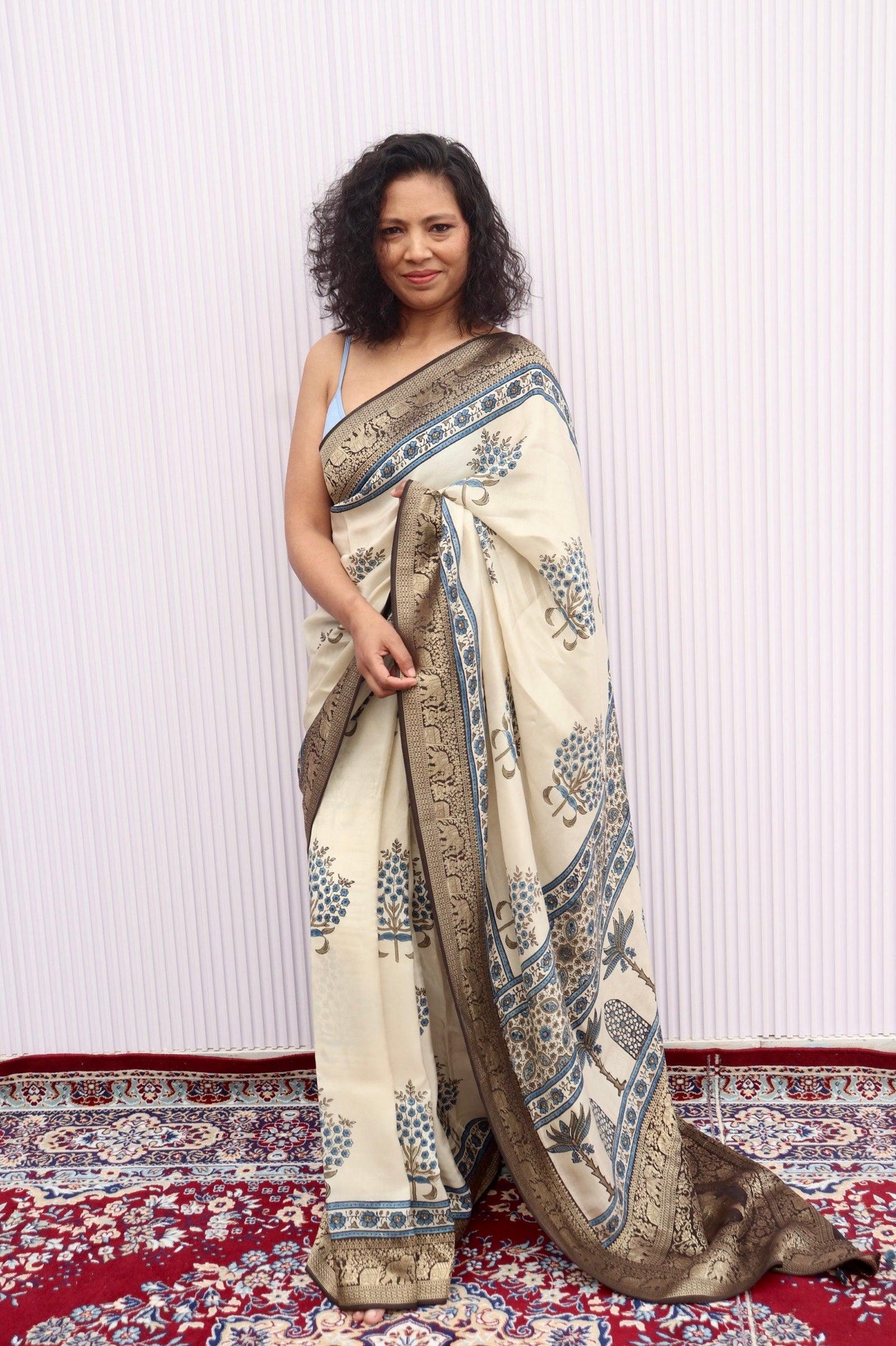 Beige - Designer Ajrakh Handblock Premium Dola Silk Saree - Vasaka Jaipur