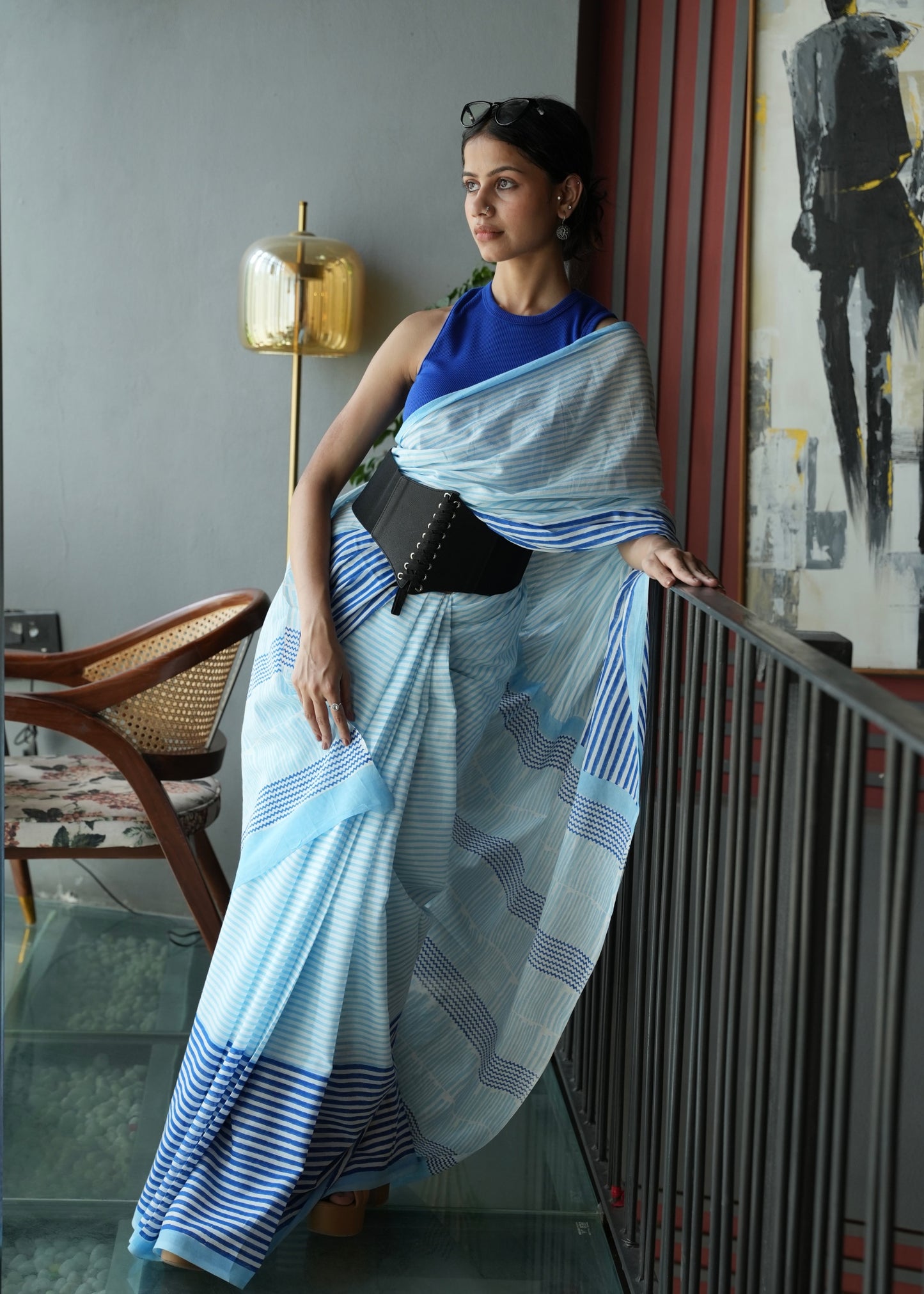 NAVYA_Heritage Hand Block Printed Pure Cotton Striped Saree