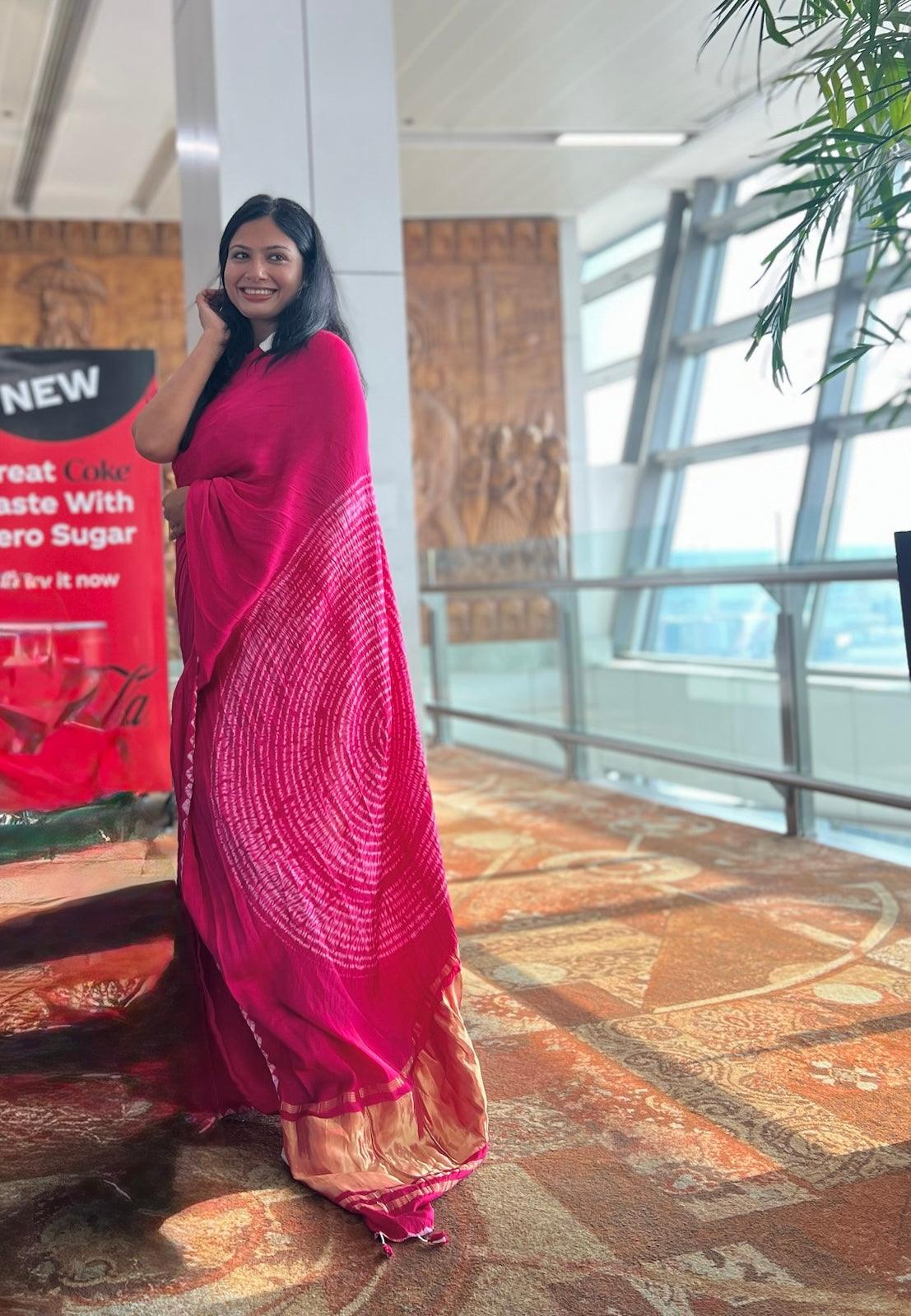 Pink - Modal Saree With Kumo Shibori - Vasaka Jaipur