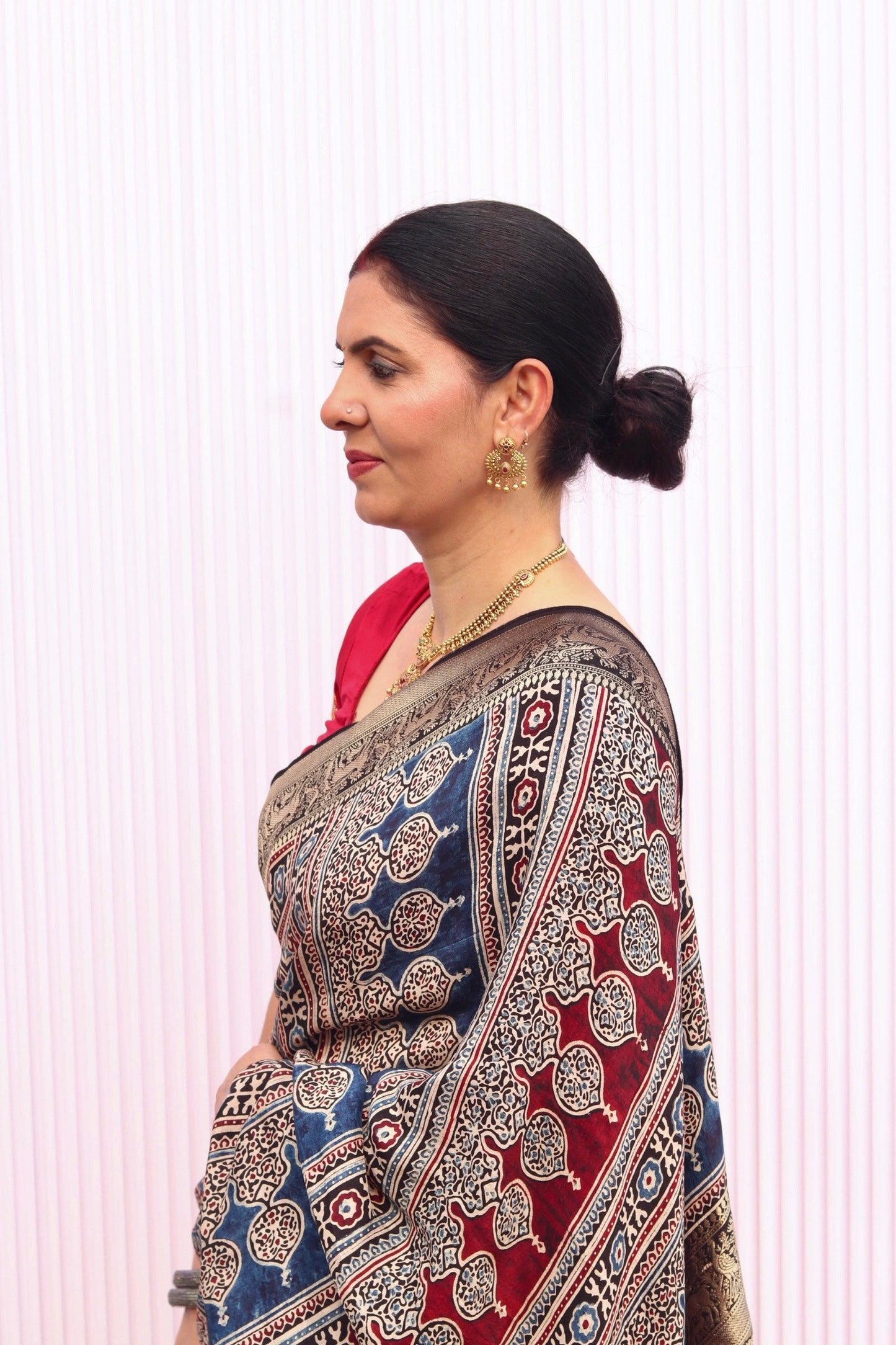 Black- Designer Ajrakh Handblock Premium Dola Silk Saree - Vasaka Jaipur