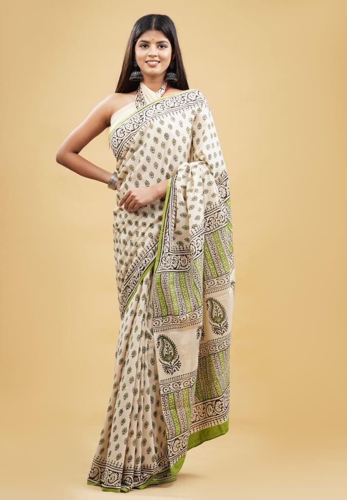 Offwhite_ Hand Block Printed Cotton Saree - Vasaka Jaipur