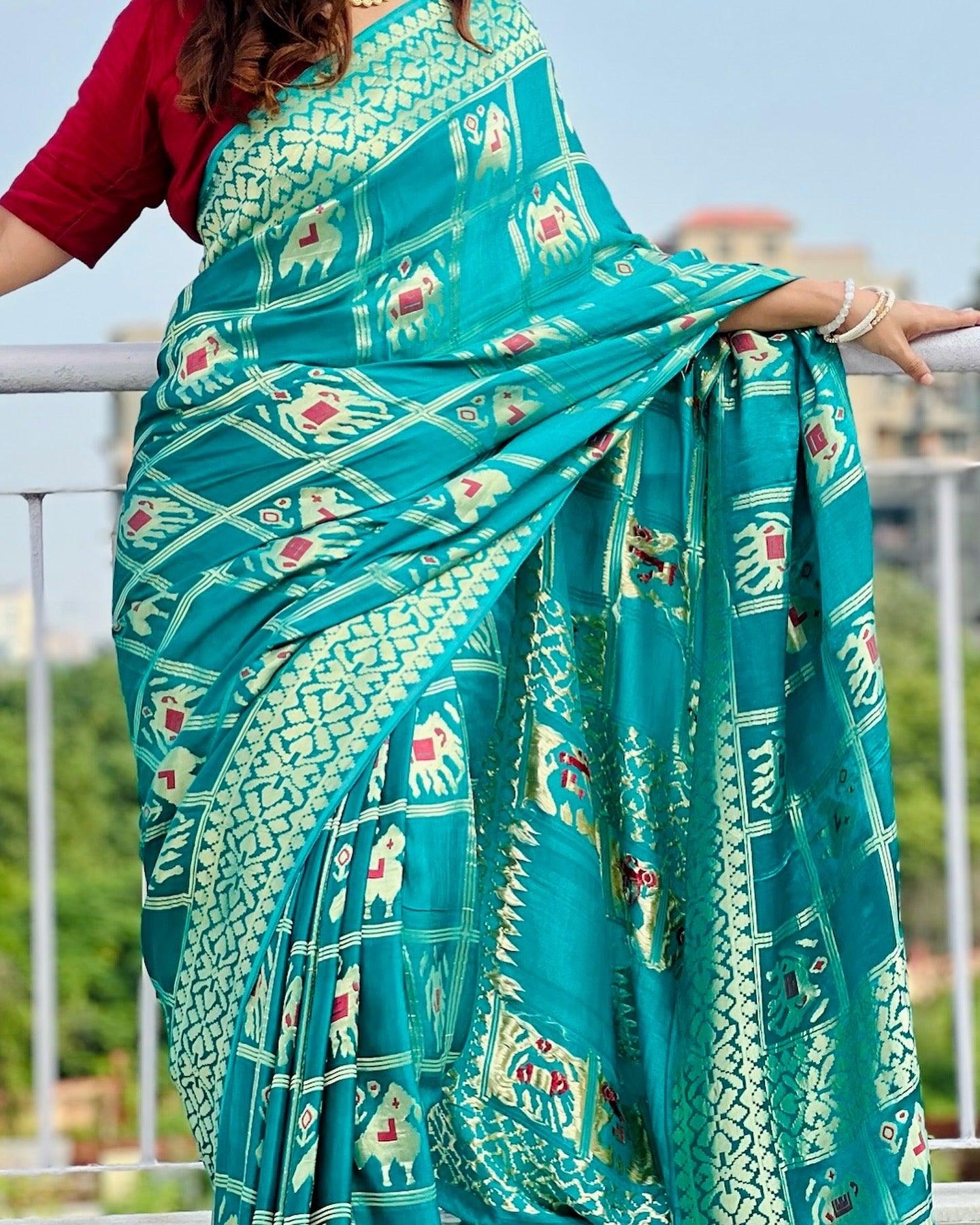 Teal Blue - Premium Modal Silk Patola Zari Weave Work Gharchola Saree - Vasaka Jaipur