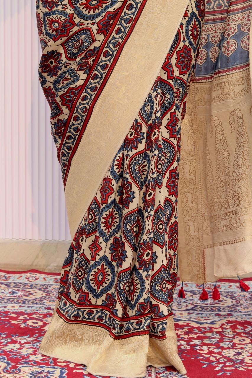 Beige - Designer Ajrakh Handblock Premium Dola Silk Saree - Vasaka Jaipur