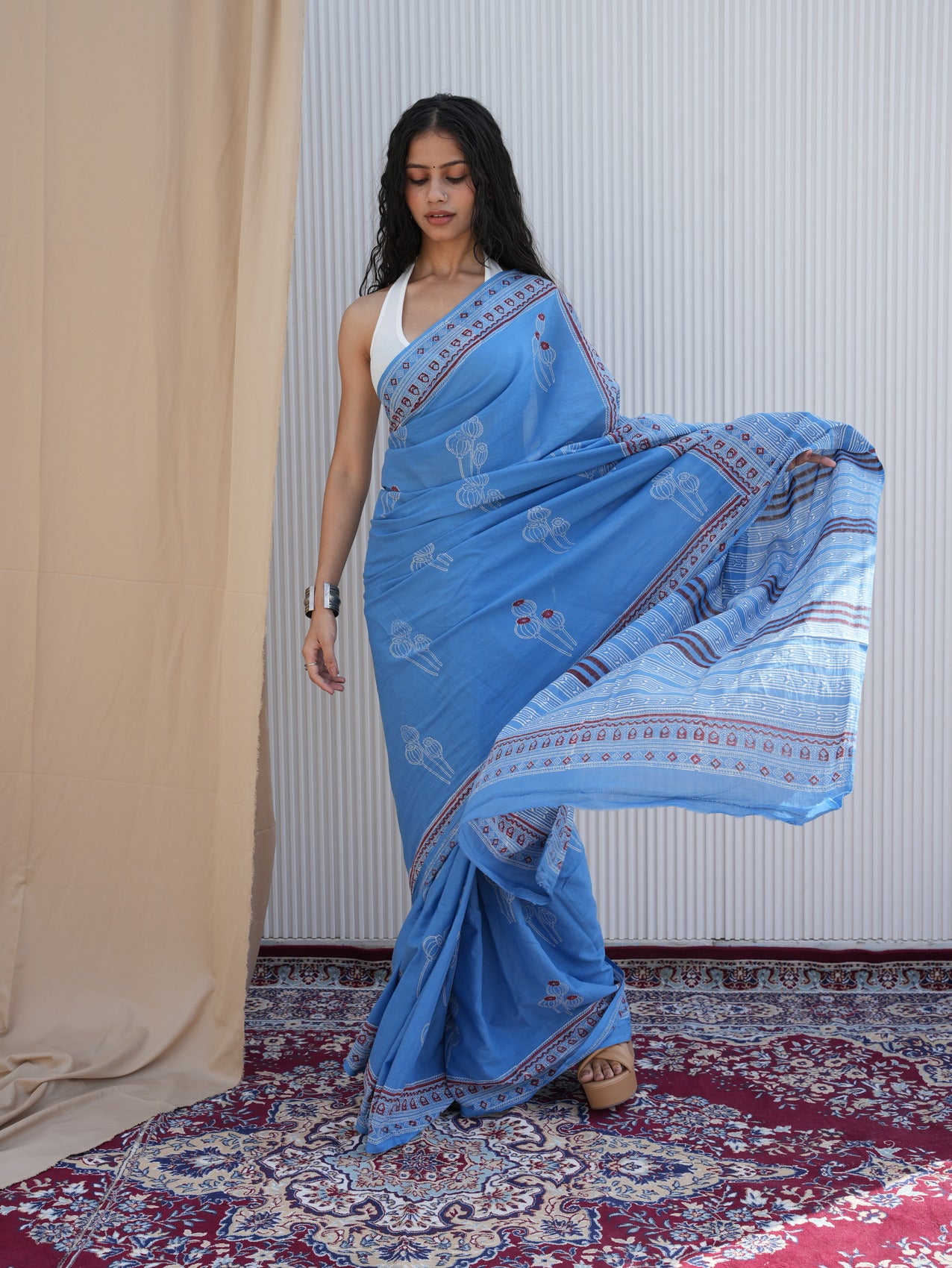 NAVELI_ Blue Hand Block Printed Cotton Saree - Discharge Print