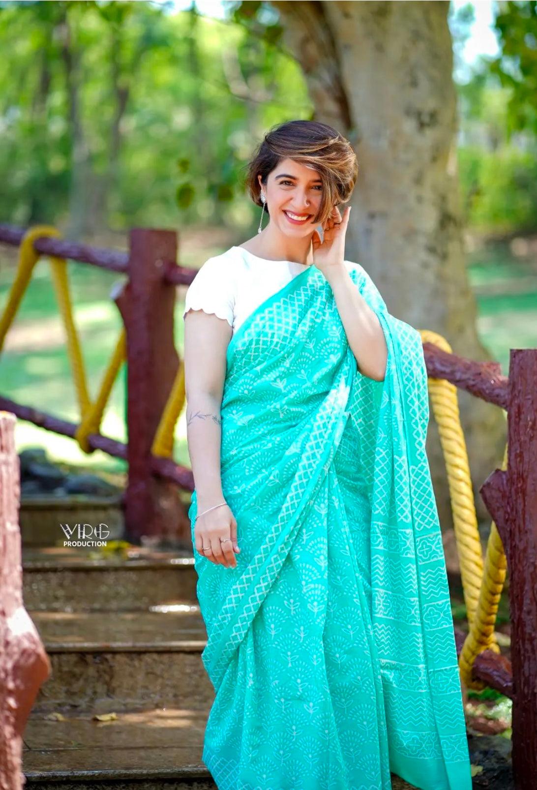 Teal Blue_ Mulmul Cotton Saree - Vasaka Jaipur