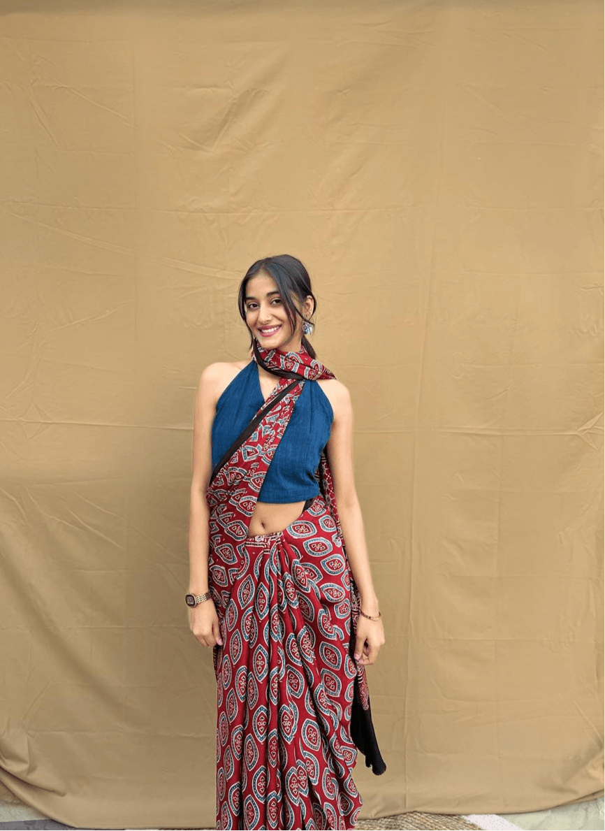 MALLIKA : AJRAKH HANDBLOCK MODAL SILK SAREE - Vasaka Jaipur