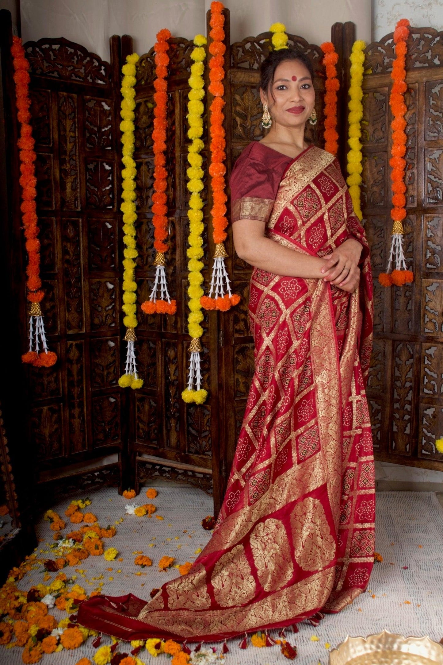 CHANDRIKA - Ajrakh Gharchola Red Modal Silk Saree - Vasaka Jaipur