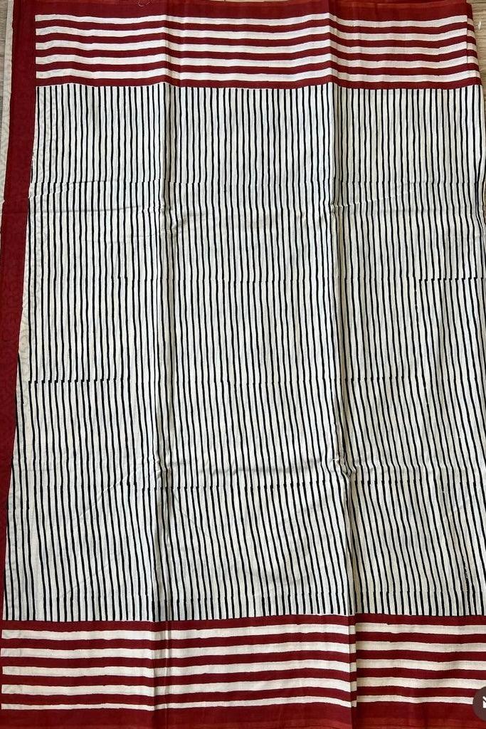 Beige - Striped Hand Block Print Cotton Saree