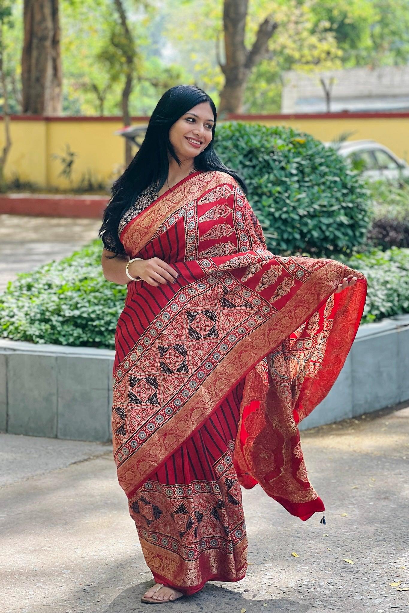 Red - Ajrakh Handblock Dola Silk Saree
