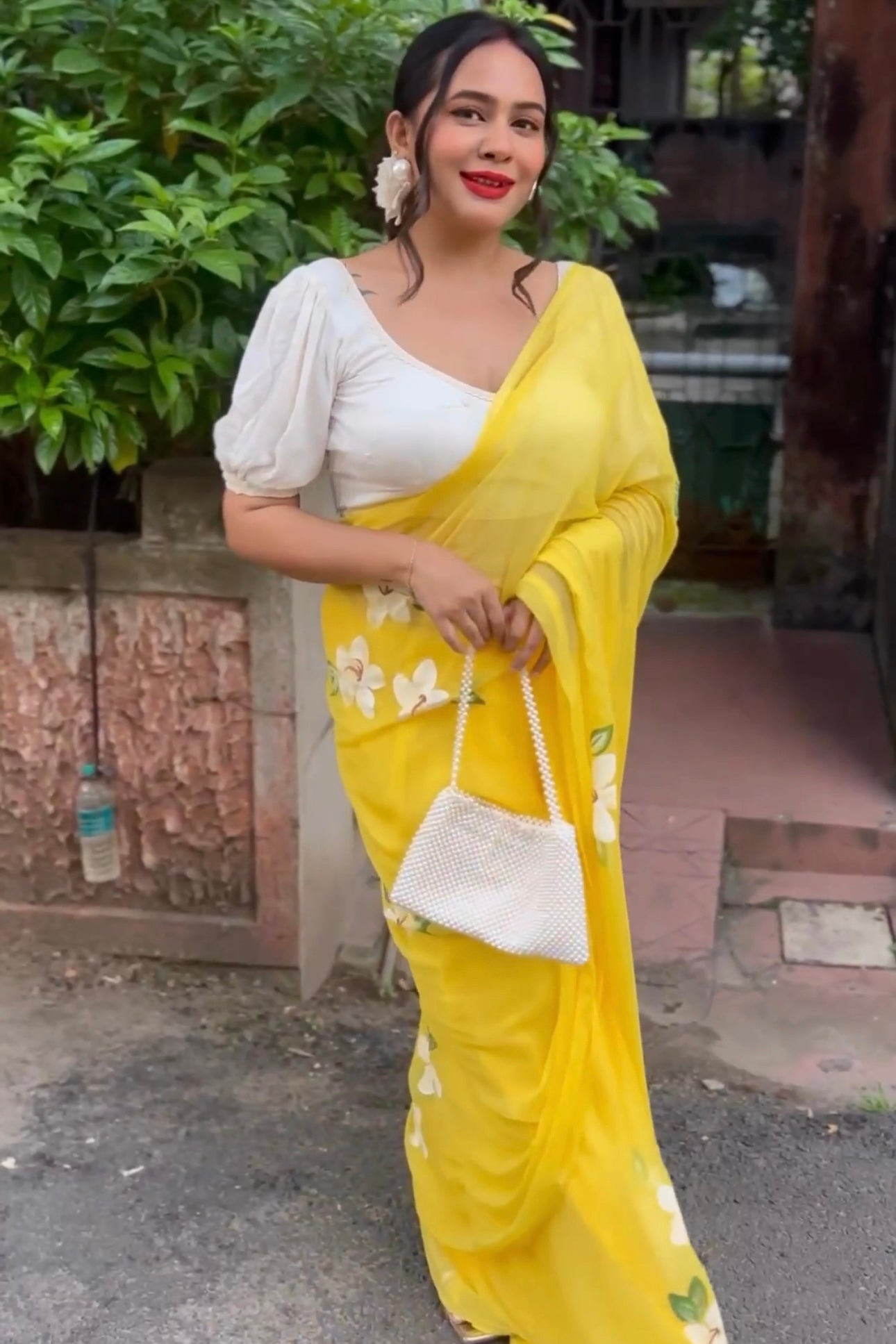 Monalisa - Yellow Handpainted Chiffon Saree