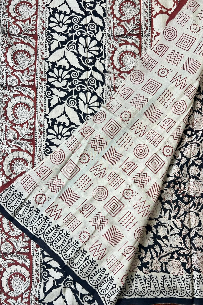 Black - Floral Net Hand Block Printed Cotton Saree
