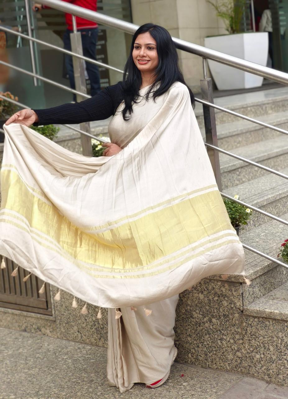 Off White Colour Modal Plain Saree With Tissue Pallu - Vasaka Jaipur