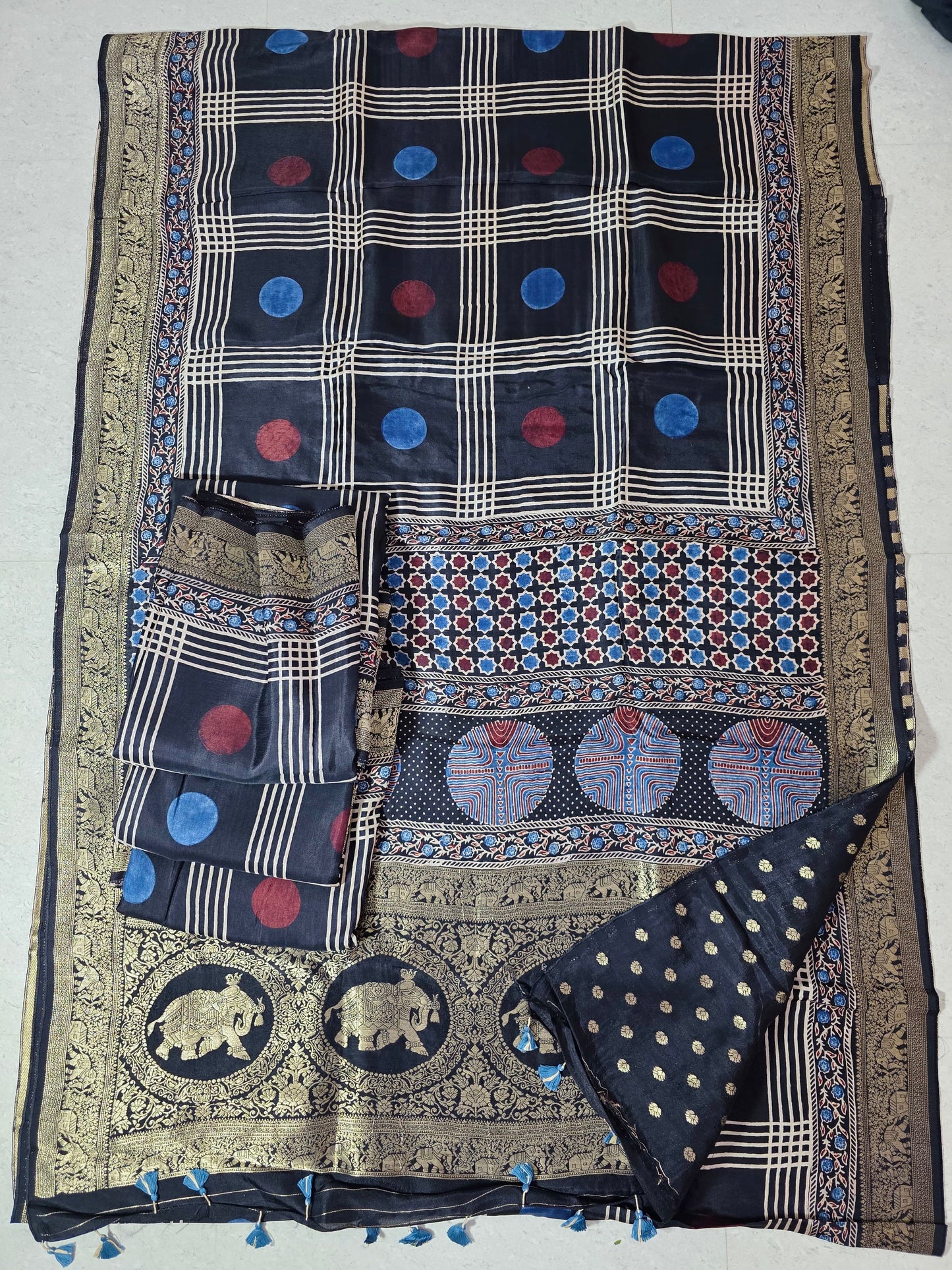 Black Checks - Ajrakh Handblock Dola Silk Saree