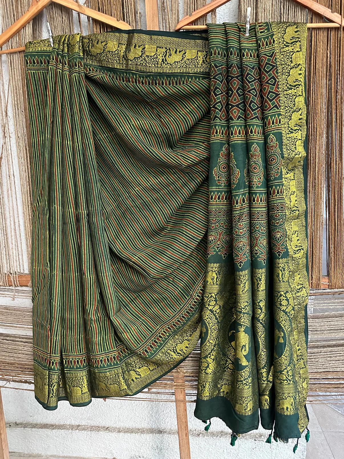 Olive Green- Ajrakh Handblock Dola Silk Saree - Vasaka Jaipur
