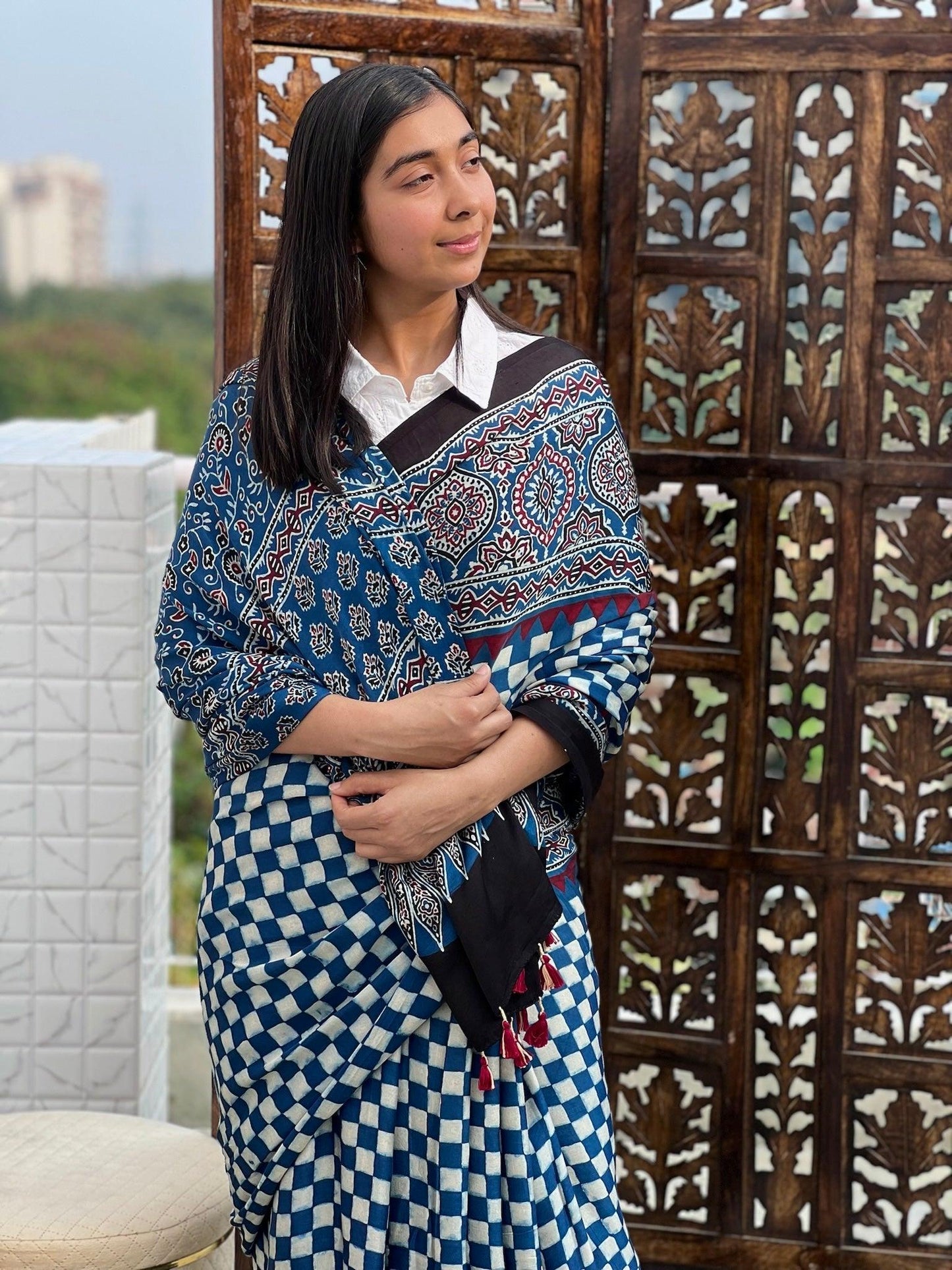 NEELIMA : AJRAKH HANDBLOCK MODAL SILK SAREE - Vasaka Jaipur