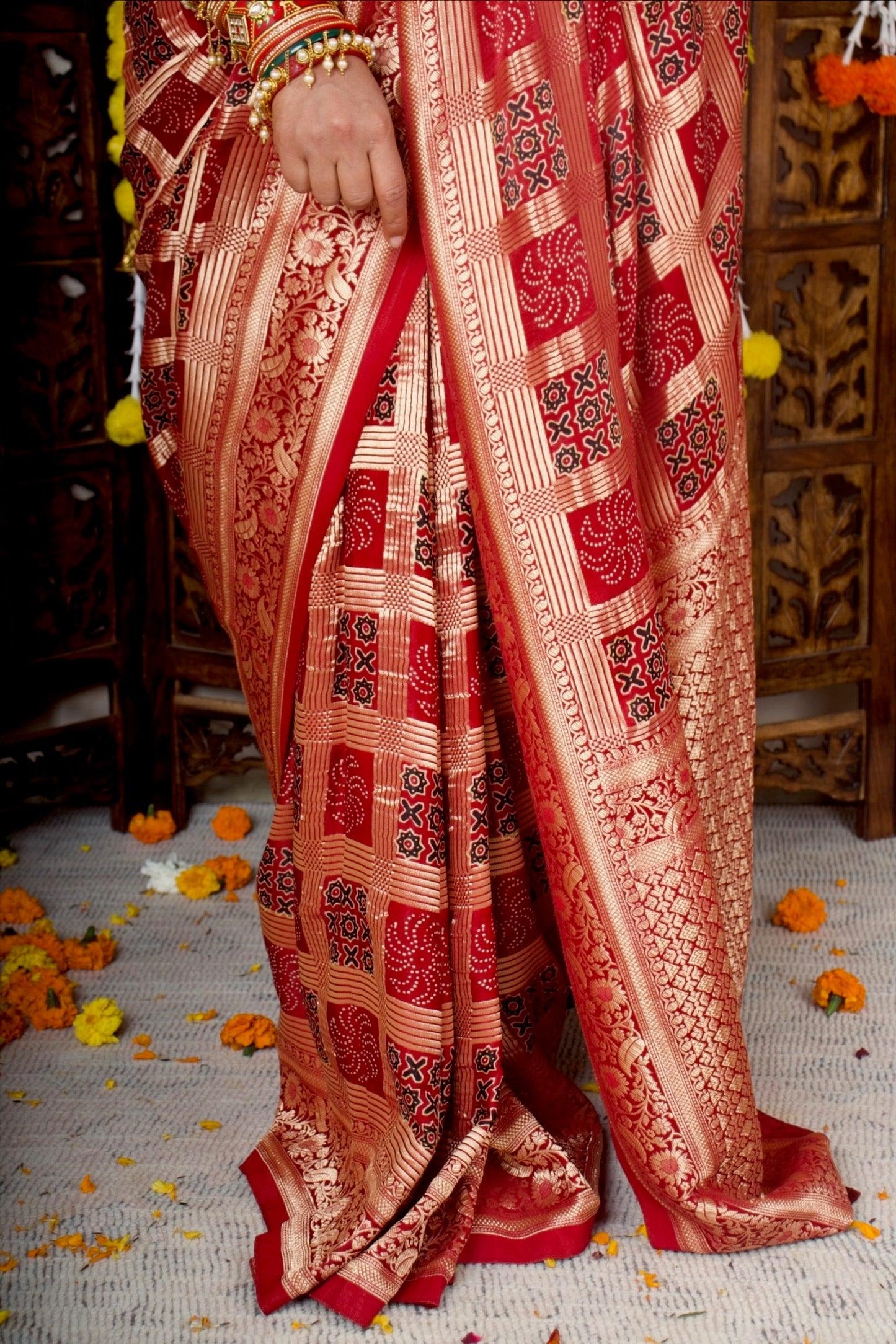 NIHARIKA - Ajrakh Gharchola Red Modal Silk Saree - Vasaka Jaipur
