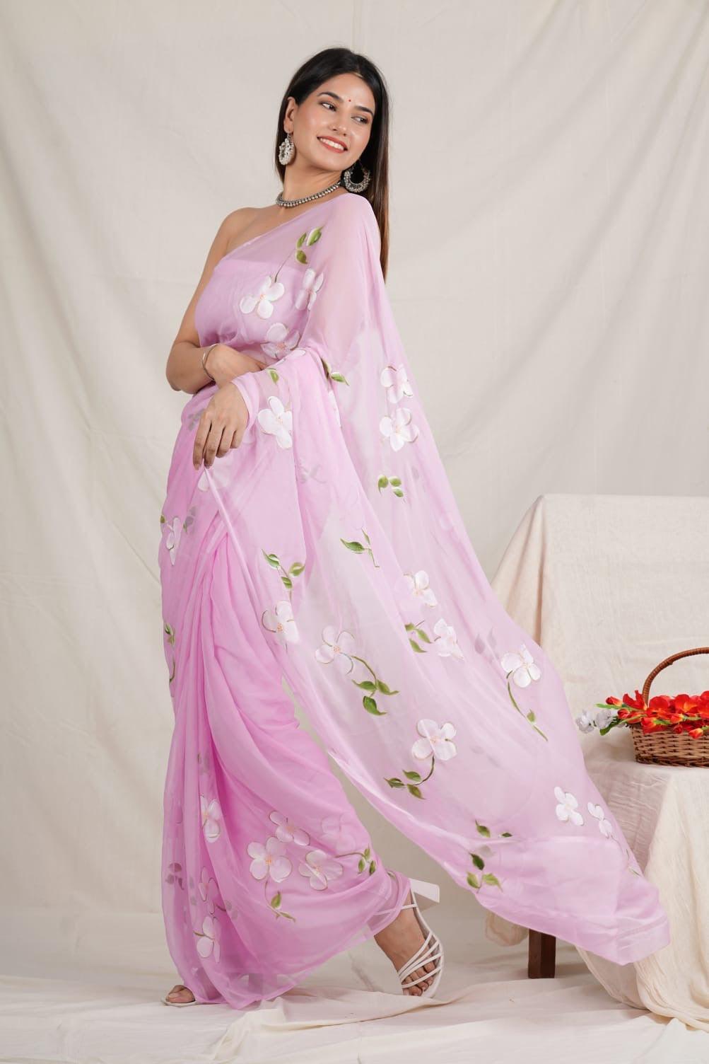 Baby Pink - Handpainted Chiffon Saree - Vasaka Jaipur
