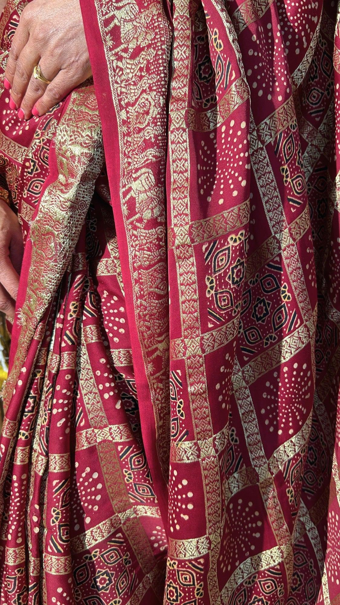 SWARNIMA - Ajrakh Gharchola Red Modal Silk Saree - Vasaka Jaipur