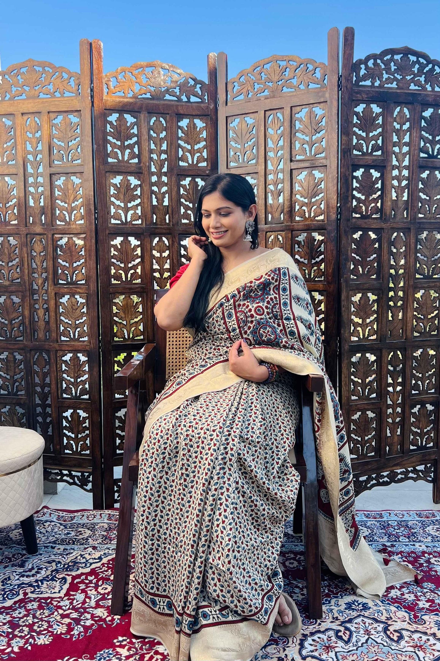 Beige - Designer Ajrakh Handblock Premium Dola Silk Saree