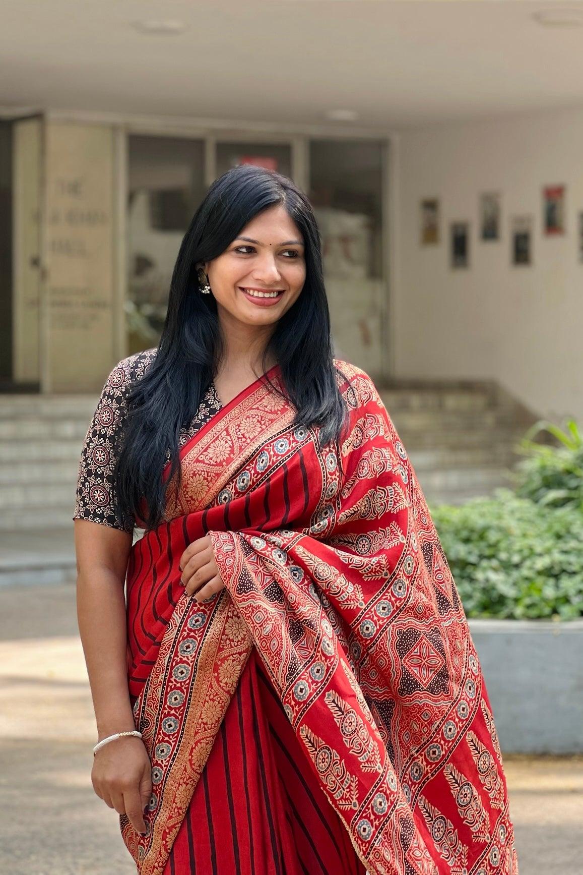 Red - Ajrakh Handblock Dola Silk Saree