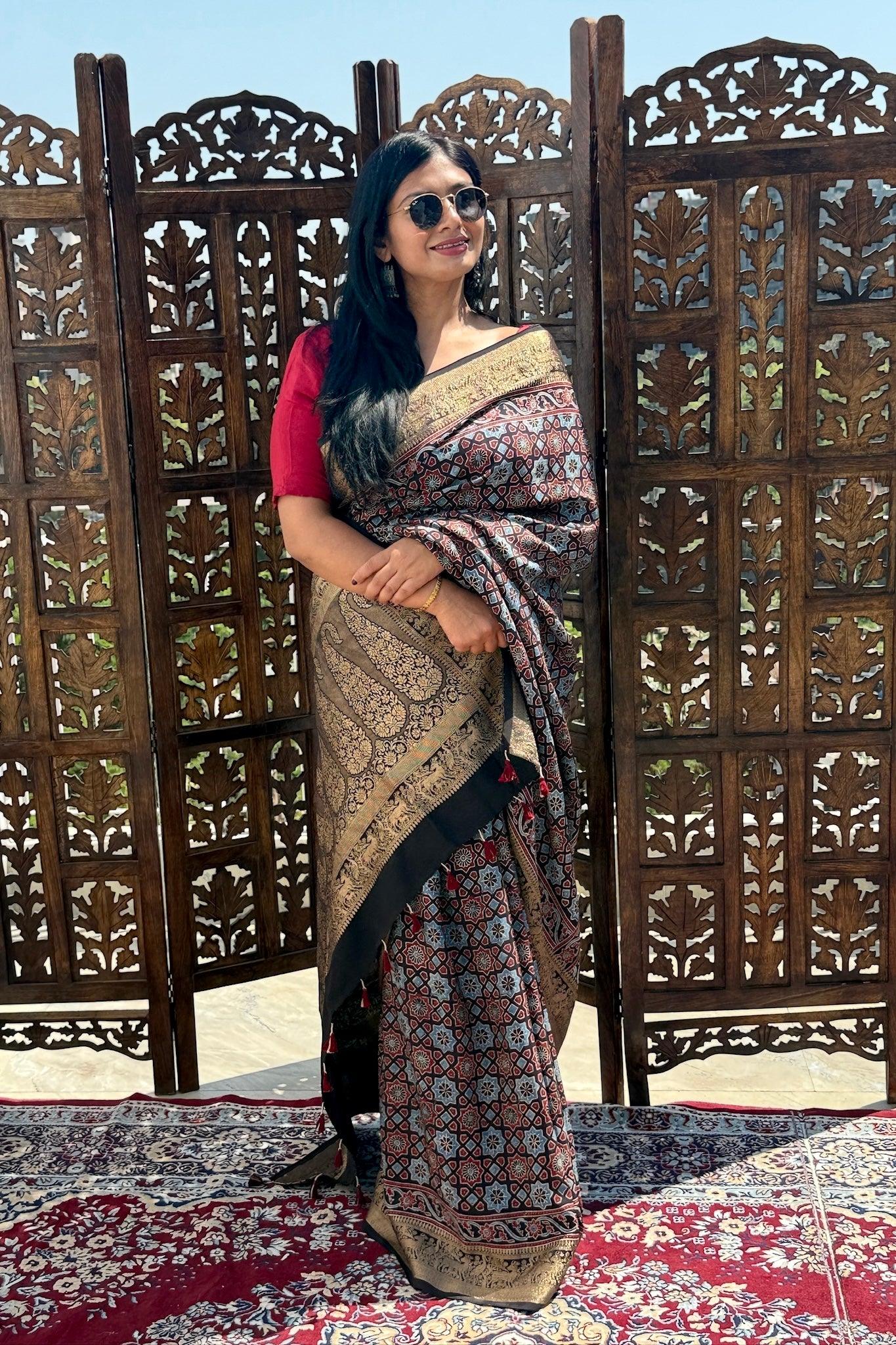 Black - Designer Ajrakh Handblock Premium Dola Silk Saree