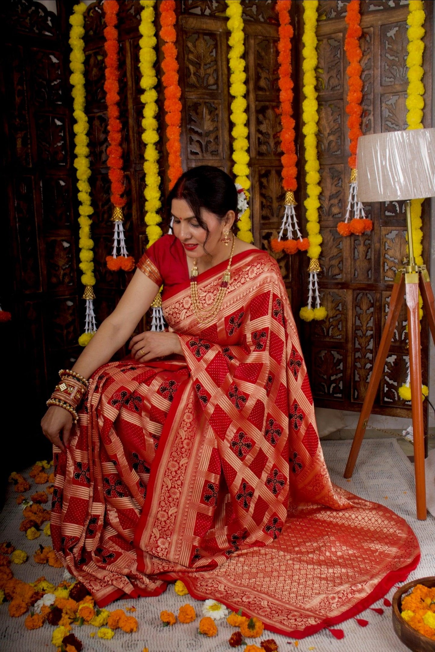 MADHURIMA - Ajrakh Gharchola Red Modal Silk Saree - Vasaka Jaipur