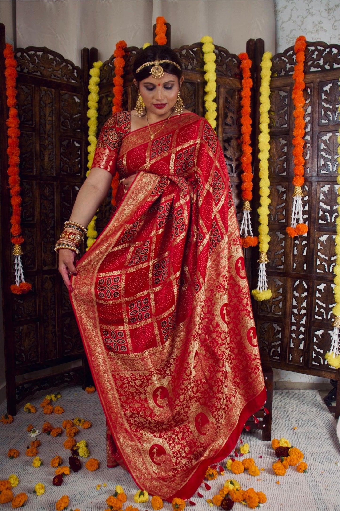 KUMUDINI - Ajrakh Gharchola Red Modal Silk Saree - Vasaka Jaipur