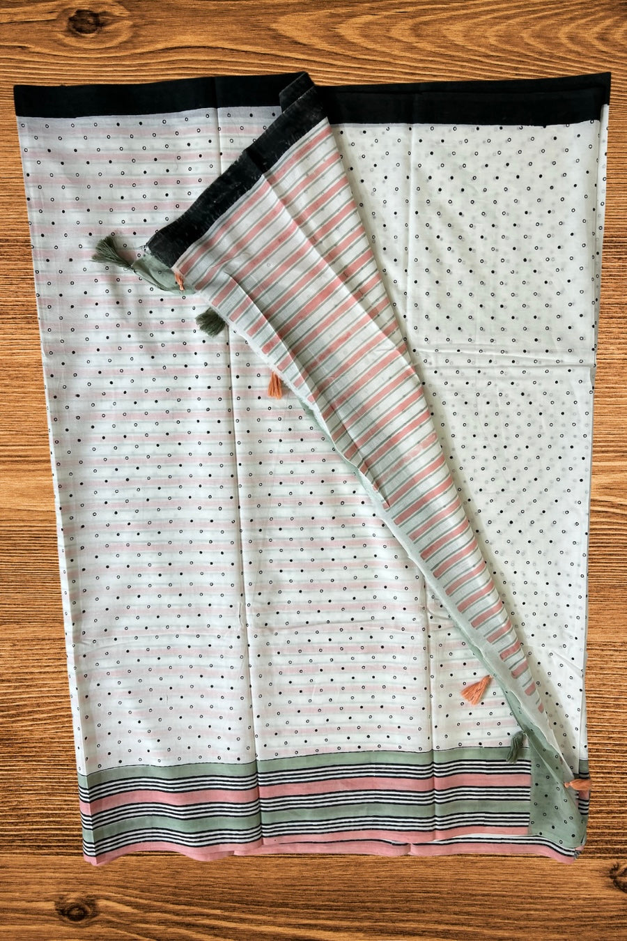 White - Dots Hand Block Print Cotton Saree