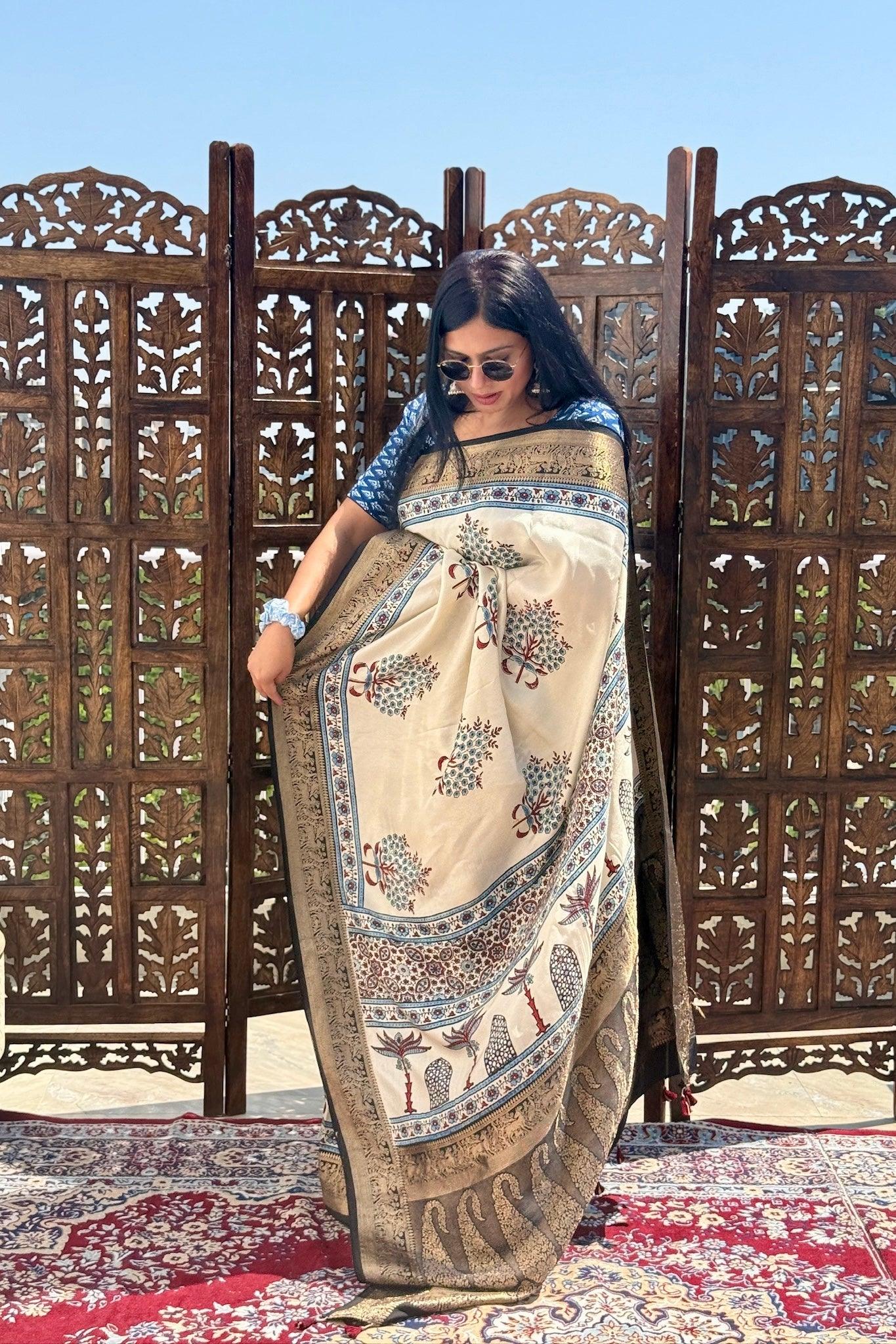 Beige - Designer Ajrakh Handblock Premium Dola Silk Saree