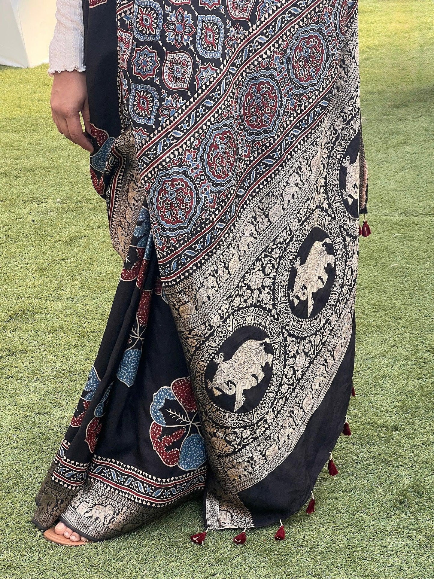 Black - Designer Ajrakh Handblock Premium Dola Silk Saree - Vasaka Jaipur