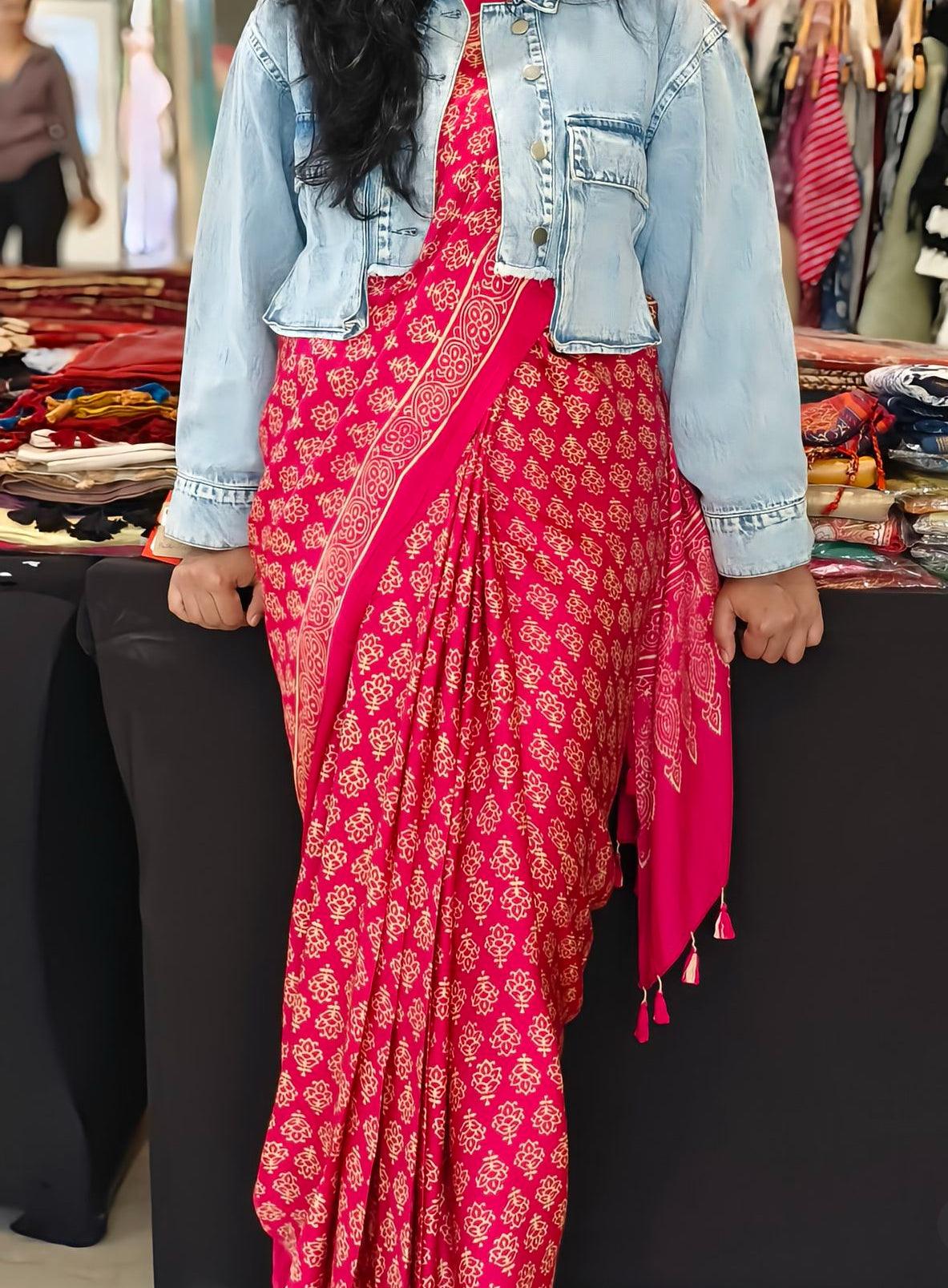 Pink - Discharge Print Modal Silk Saree - Vasaka Jaipur