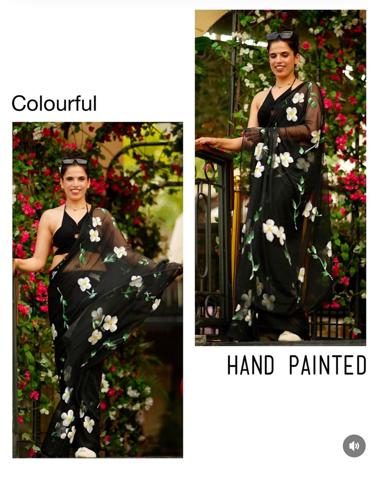 Chitra - Black Handpainted Chiffon Saree - Vasaka Jaipur