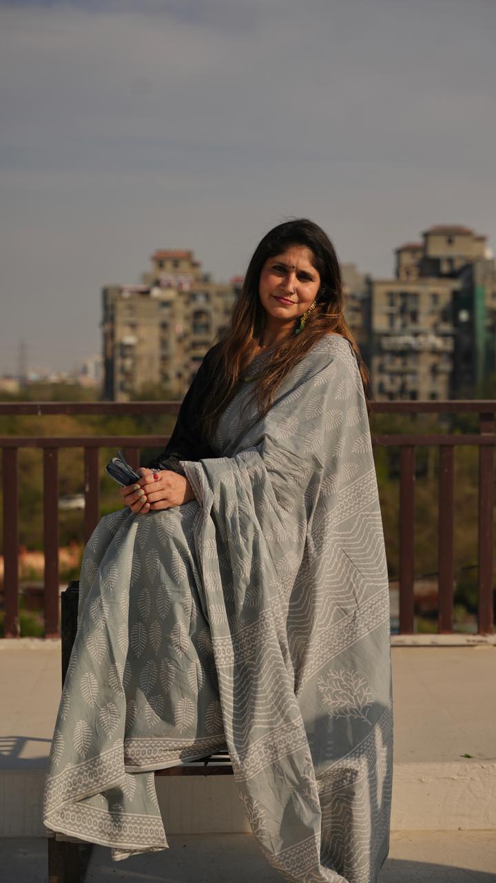 Gray Hand Block Printed Cotton Saree - Vasaka Jaipur
