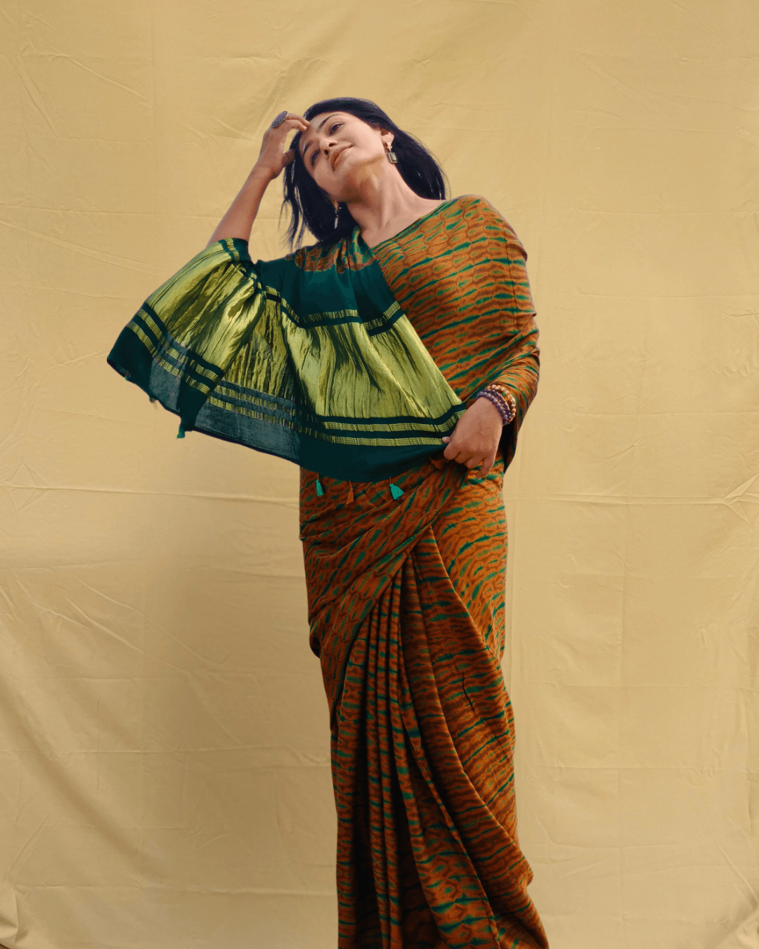 Green - Shibori Modal Silk Saree - Vasaka Jaipur
