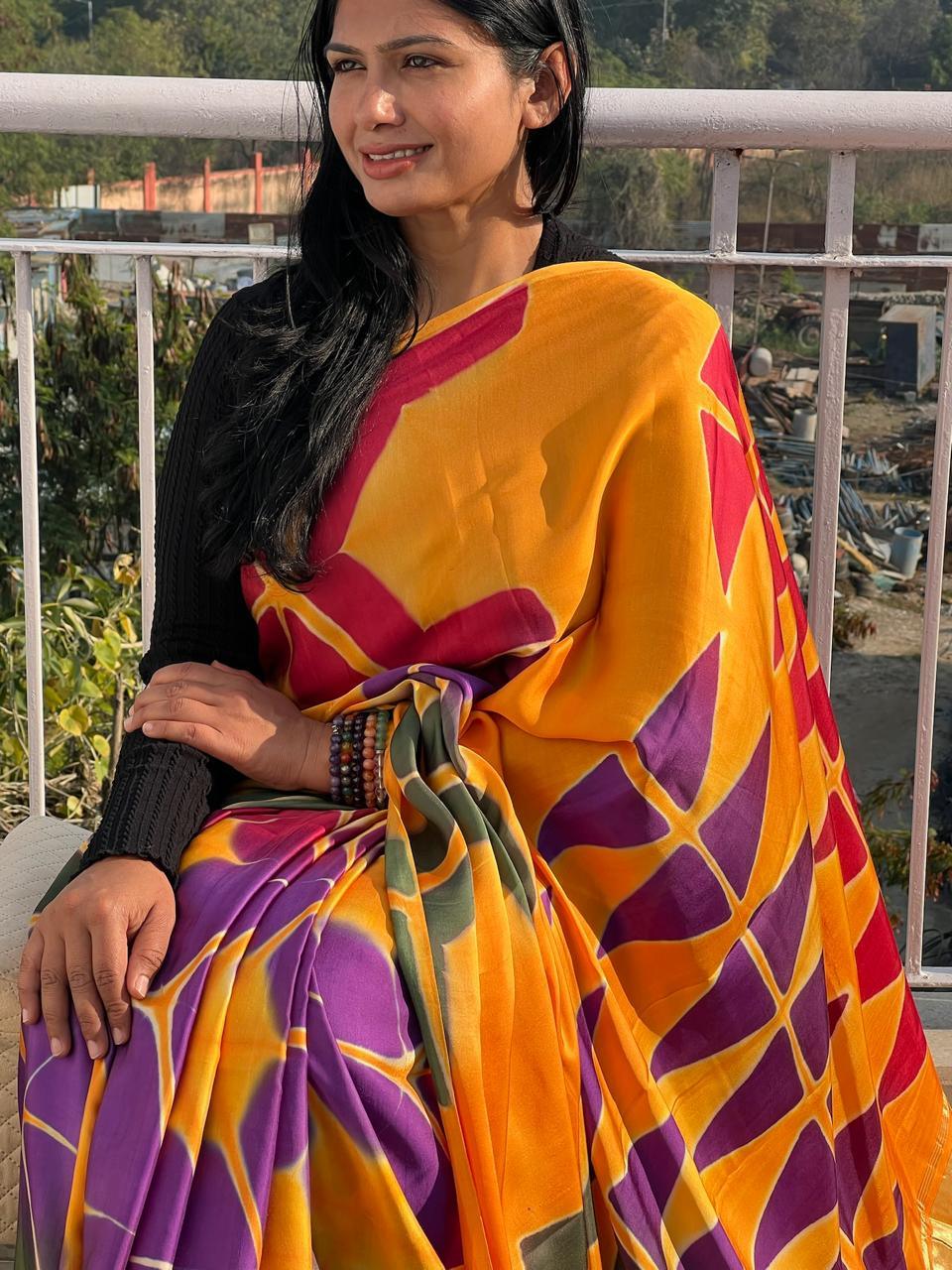 Orange - Clamp Dyed Modal Silk Saree - Vasaka Jaipur