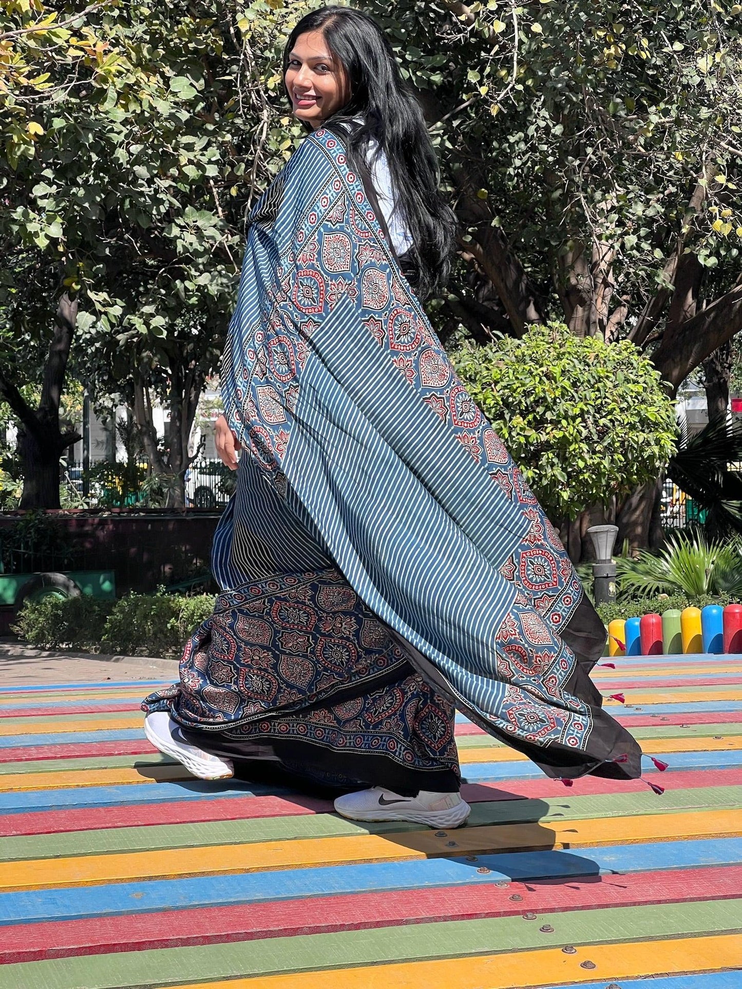 INDIRA : AJRAKH HANDBLOCK MODAL SILK SAREE - Vasaka Jaipur