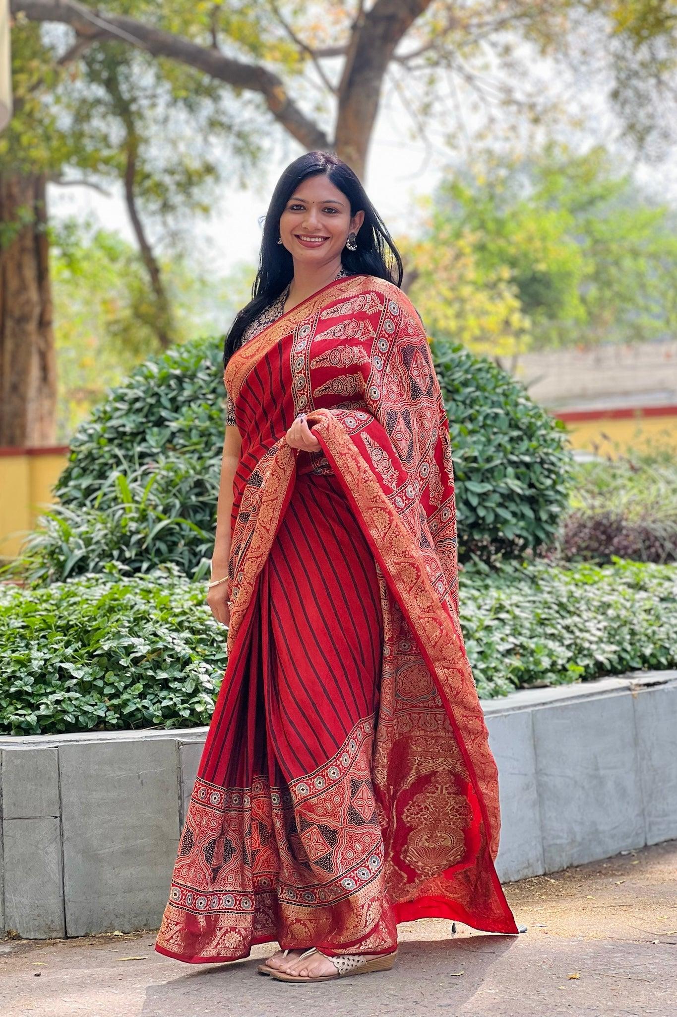 Red - Ajrakh Handblock Dola Silk Saree