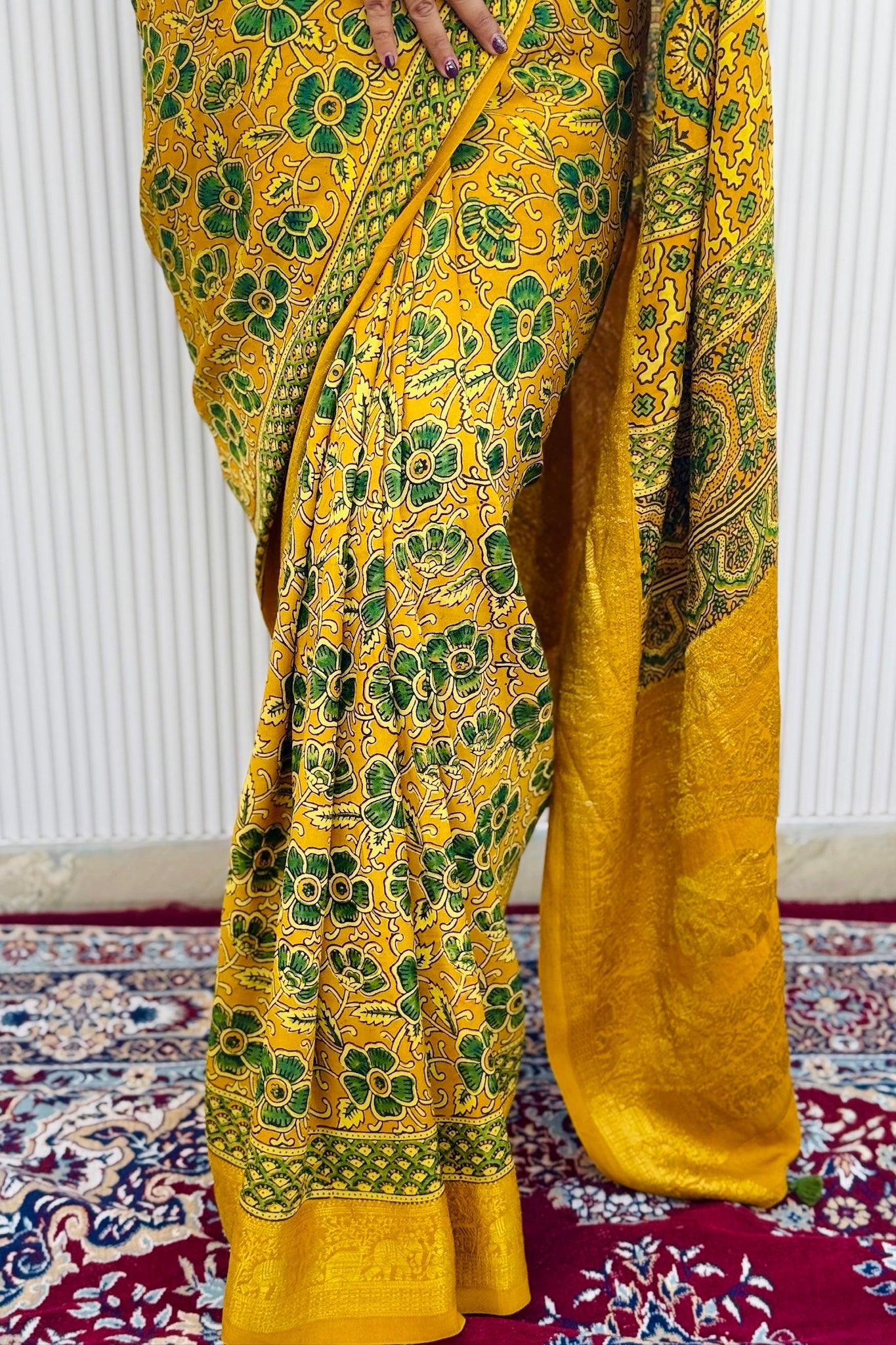 Yellow Gulistan - Designer Ajrakh Handblock Premium Dola Silk Saree