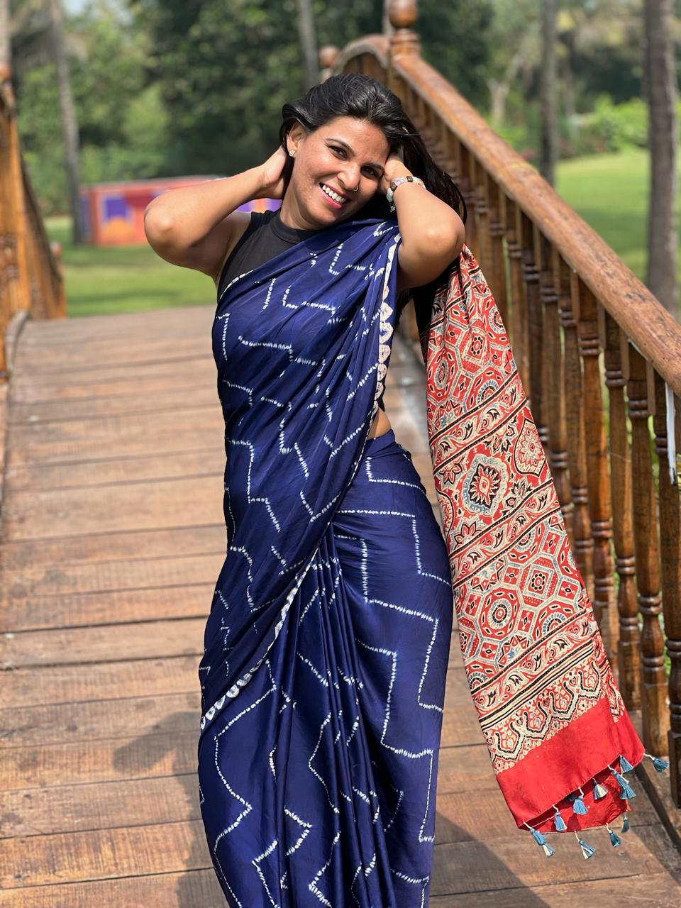 Blue - Needle Shibori Modal Saree With Ajrakh Pallu & Blouse - Vasaka Jaipur