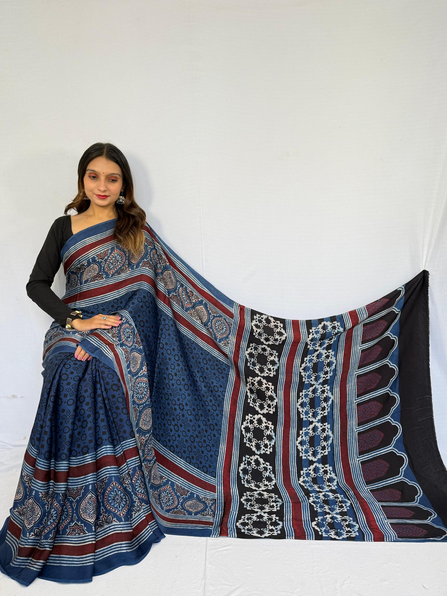Blue - Handblock printed ajrakh premium modal silk saree