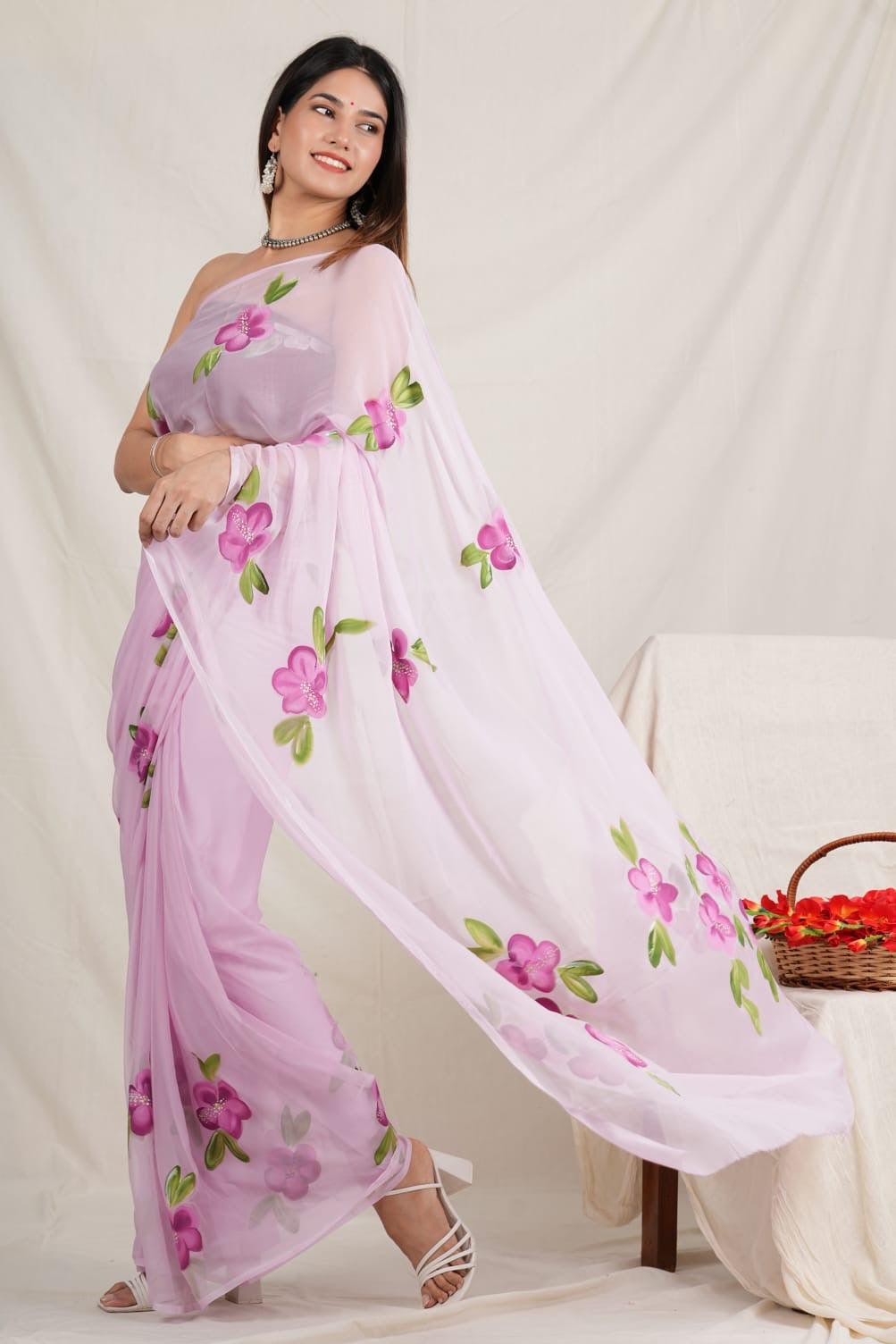 Lavender - Handpainted Chiffon Saree - Vasaka Jaipur