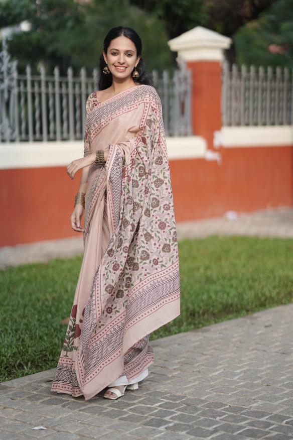 Nayana Hand Block Printed Cotton Saree - Vasaka Jaipur