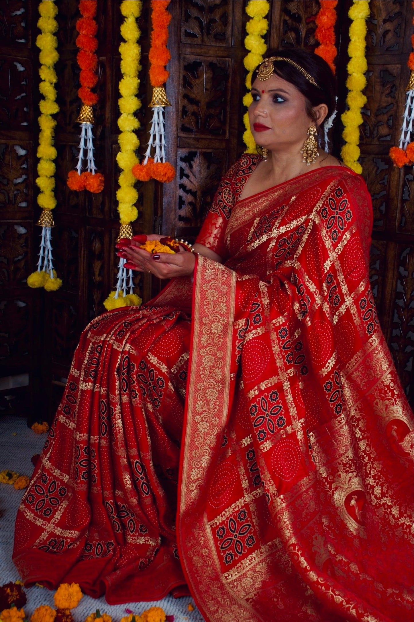 KUMUDINI - Ajrakh Gharchola Red Modal Silk Saree - Vasaka Jaipur